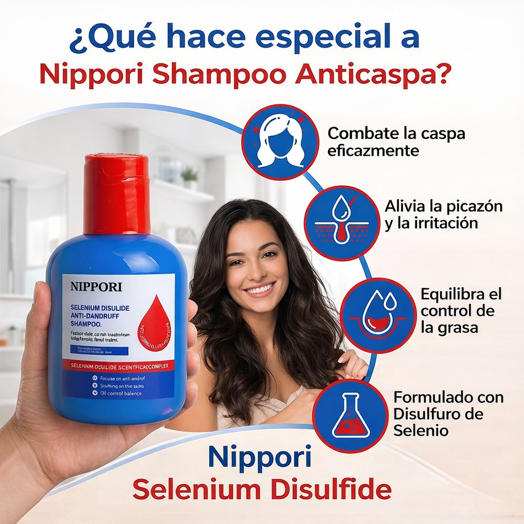 🧴 Shampoo Anticaspa NIPPORI con Sulfuro de Selenio 300ml | ❄️ Elimina Caspa, 💆♂️ Picazón y ⚖️ Controla la Grasa ✨