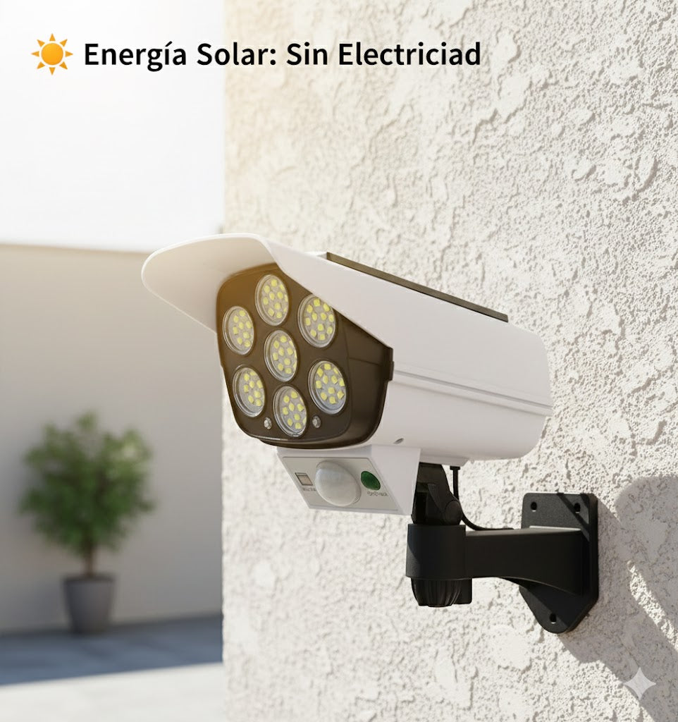 📷☀️ Luz Solar de Seguridad 2 en 1 con Sensor de Movimiento (Cámara Falsa Realista) 🚨💡 | 77 LED • IP65 • Control Remoto 🎛️