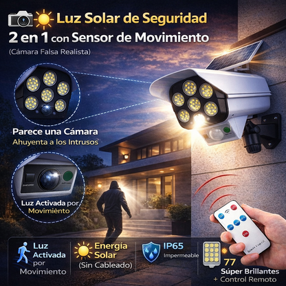 📷☀️ Luz Solar de Seguridad 2 en 1 con Sensor de Movimiento (Cámara Falsa Realista) 🚨💡 | 77 LED • IP65 • Control Remoto 🎛️