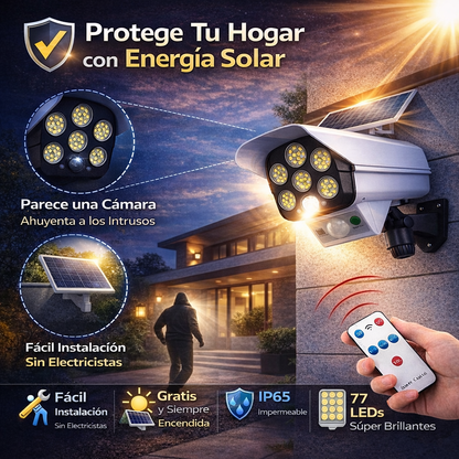 📷☀️ Luz Solar de Seguridad 2 en 1 con Sensor de Movimiento (Cámara Falsa Realista) 🚨💡 | 77 LED • IP65 • Control Remoto 🎛️