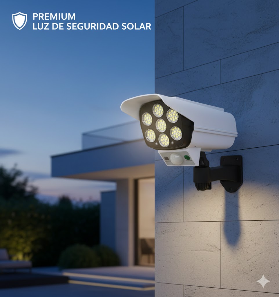 📷☀️ Luz Solar de Seguridad 2 en 1 con Sensor de Movimiento (Cámara Falsa Realista) 🚨💡 | 77 LED • IP65 • Control Remoto 🎛️
