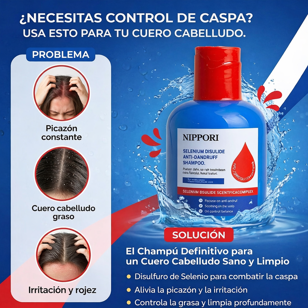 🧴 Shampoo Anticaspa NIPPORI con Sulfuro de Selenio 300ml | ❄️ Elimina Caspa, 💆‍♂️ Picazón y ⚖️ Controla la Grasa ✨
