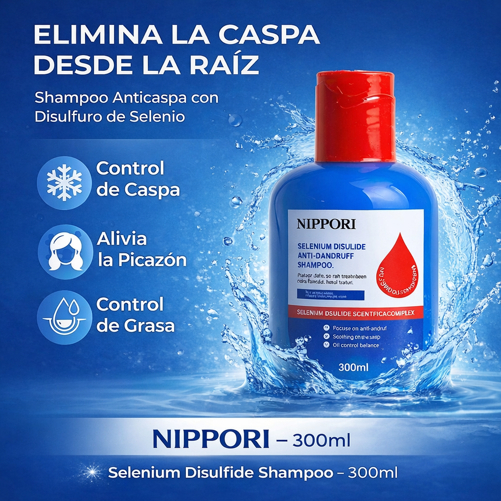 🧴 Shampoo Anticaspa NIPPORI con Sulfuro de Selenio 300ml | ❄️ Elimina Caspa, 💆‍♂️ Picazón y ⚖️ Controla la Grasa ✨
