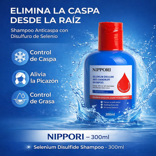 🧴 Shampoo Anticaspa NIPPORI con Sulfuro de Selenio 300ml | ❄️ Elimina Caspa, 💆‍♂️ Picazón y ⚖️ Controla la Grasa ✨